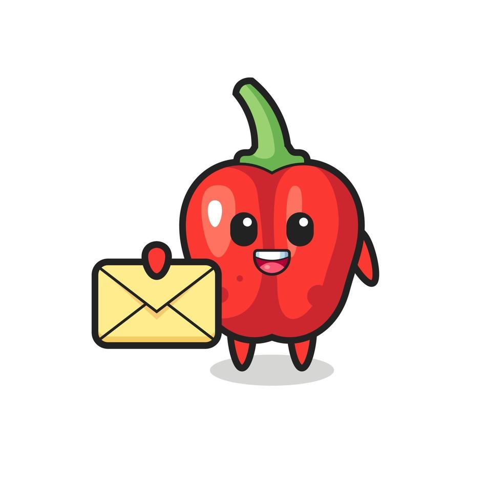 cartoon illustration of red bell pepper holding a yellow letter vector