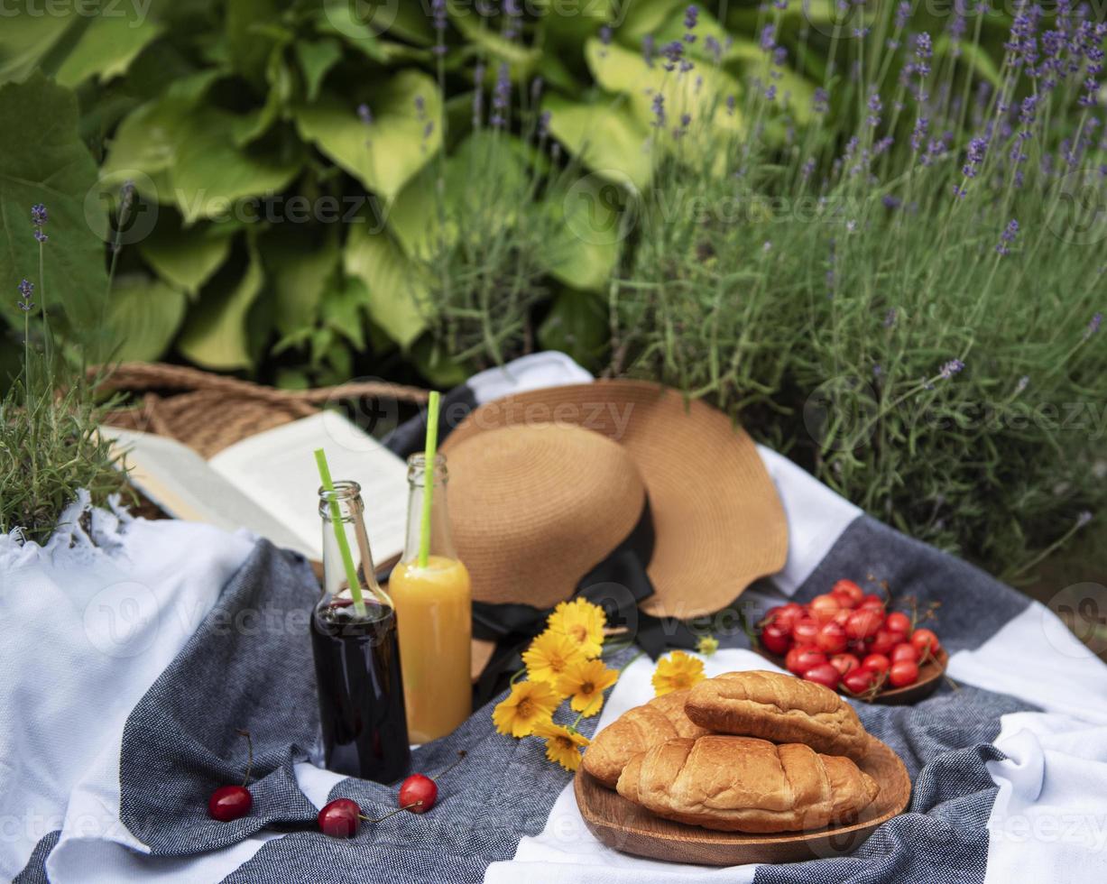 Summer picnic in lavender field. photo