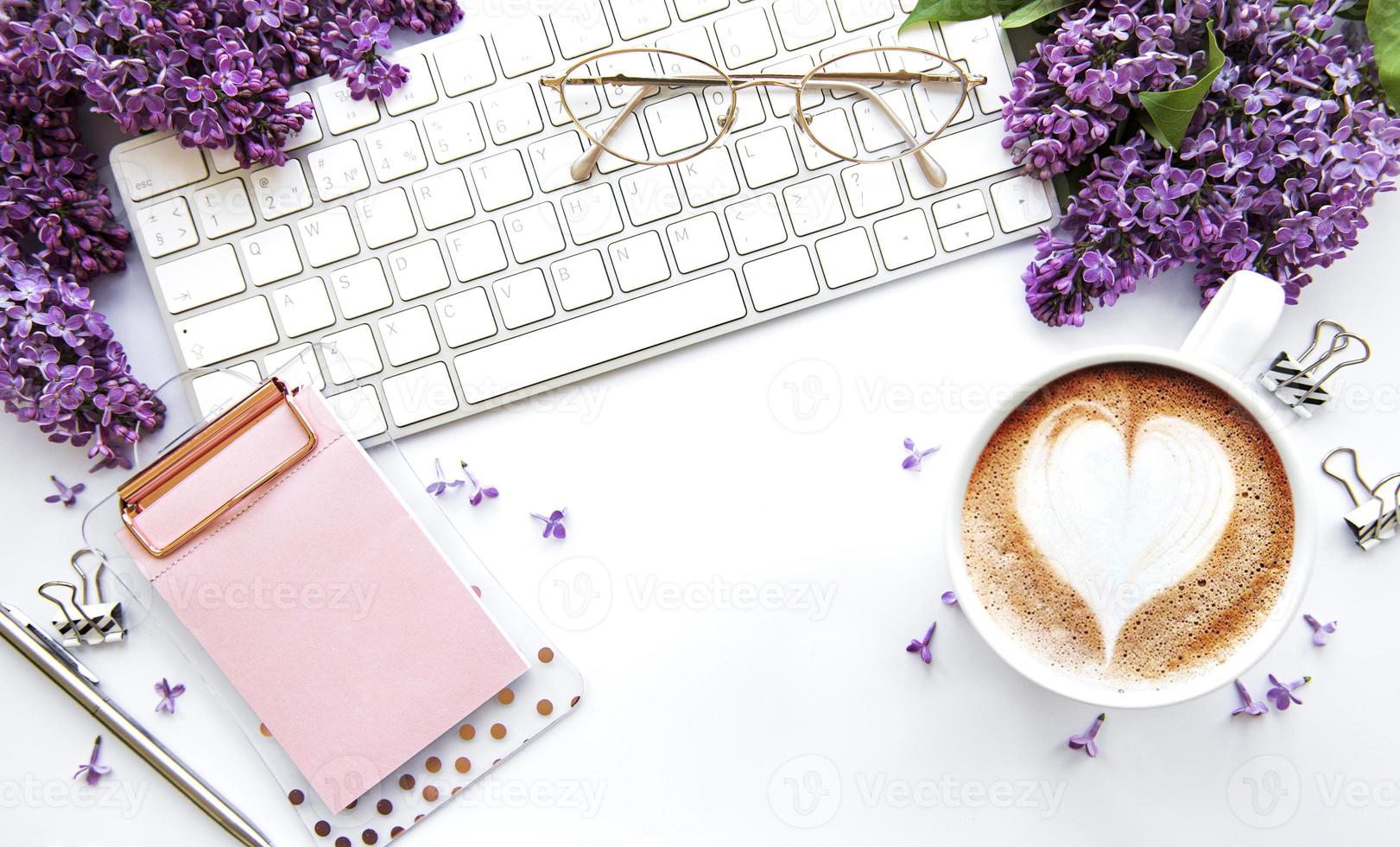 Flat lay, top view office table desk photo