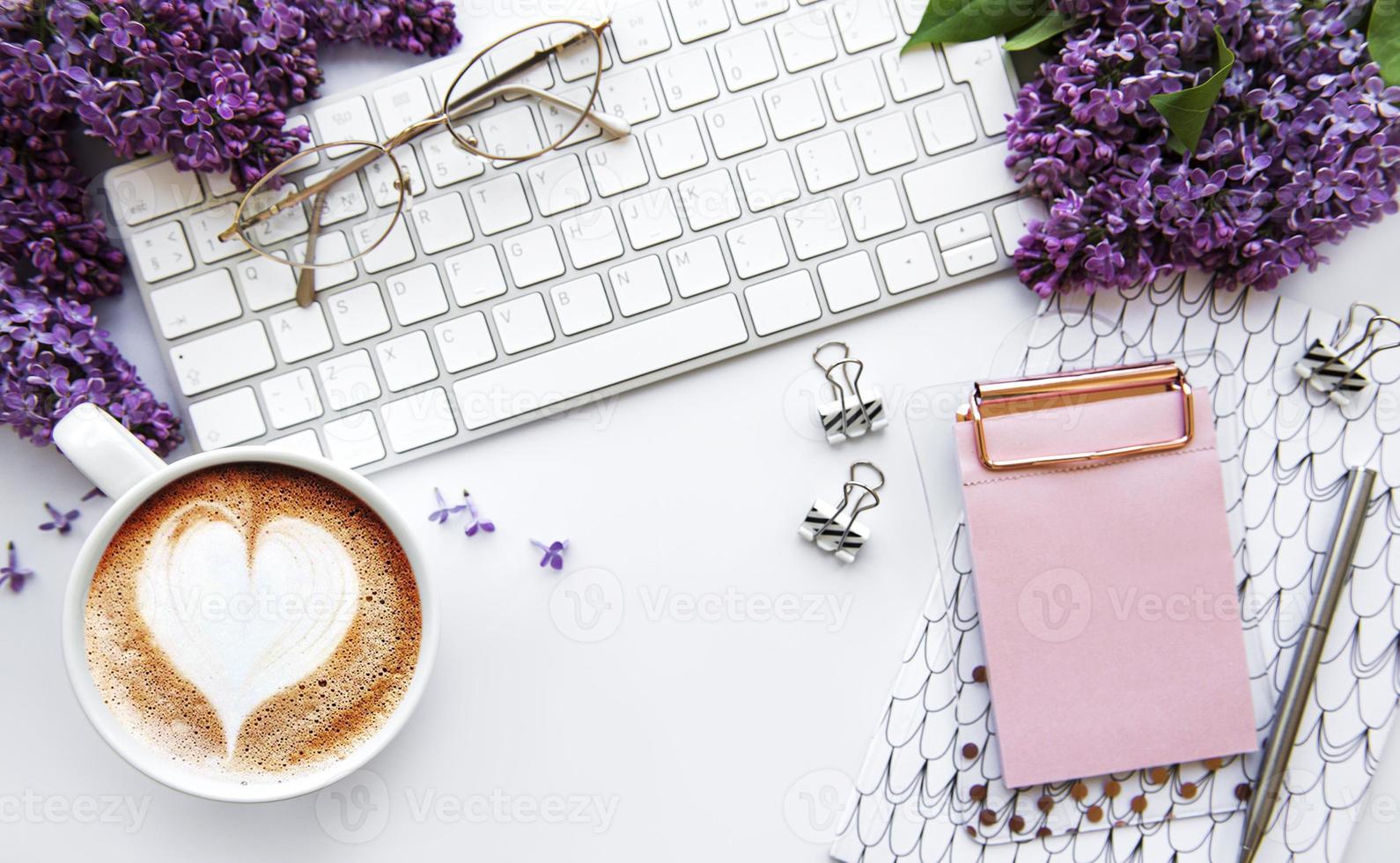 Flat lay, top view office table desk photo