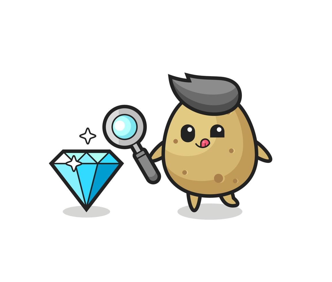 potato mascot is checking the authenticity of a diamond vector