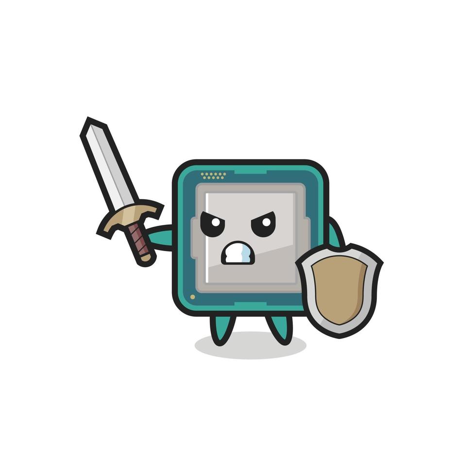 cute processor soldier fighting with sword and shield vector