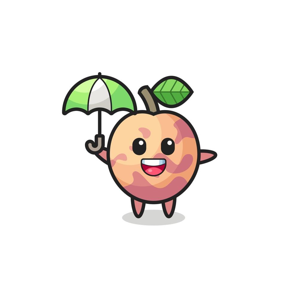 cute pluot fruit illustration holding an umbrella vector