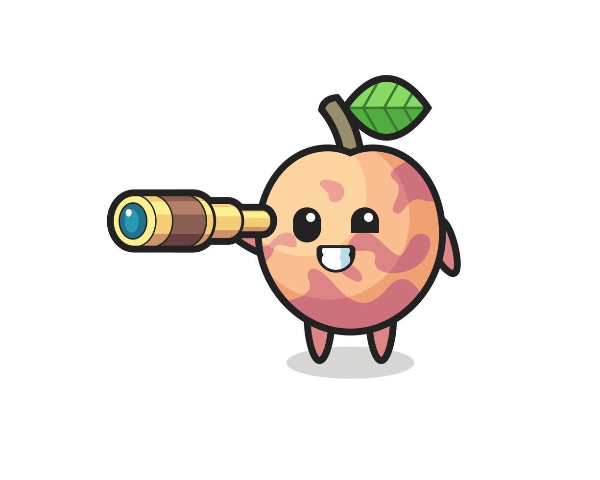 cute pluot fruit character is holding an old telescope vector