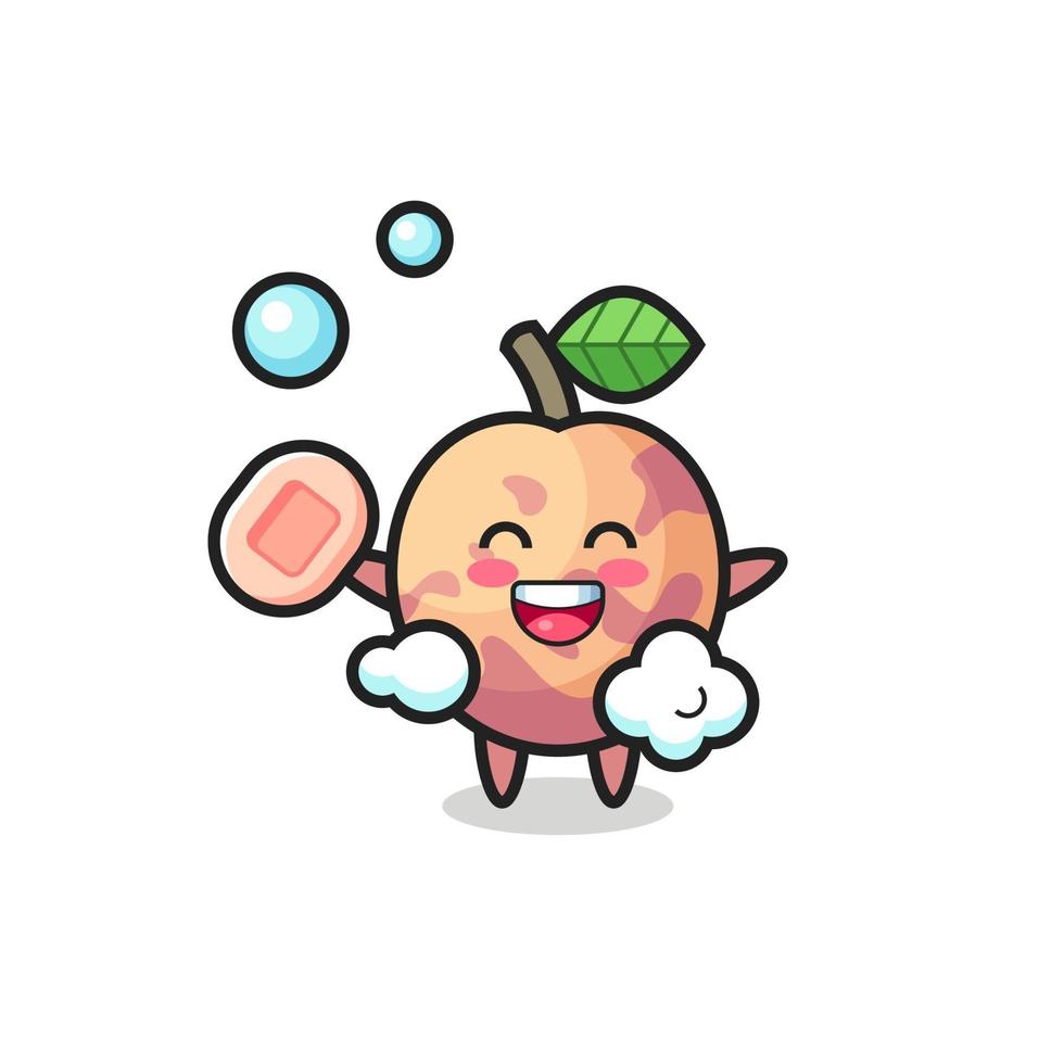 pluot fruit character is bathing while holding soap vector