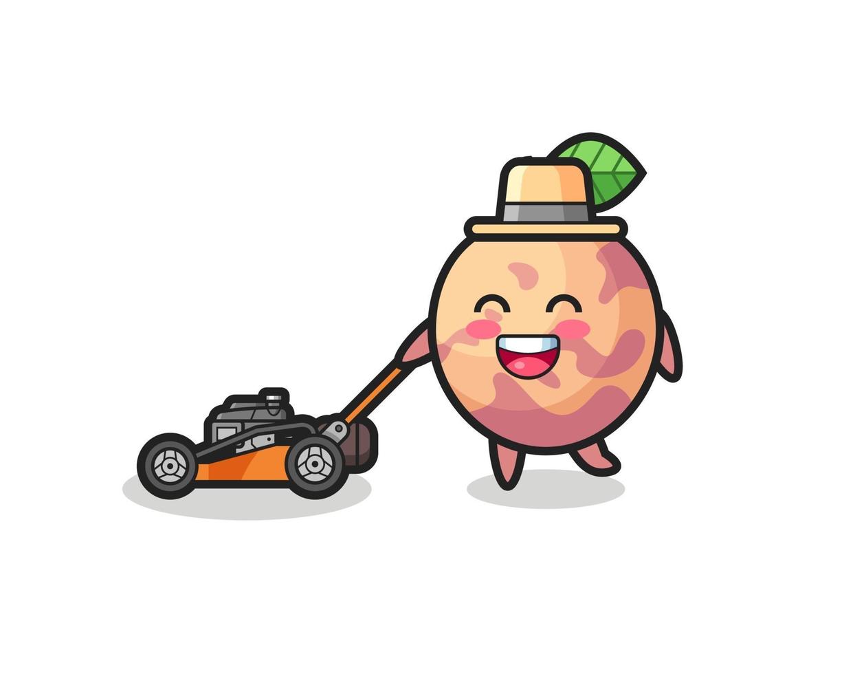 Ilustración del personaje de fruta pluot con cortadora de césped vector