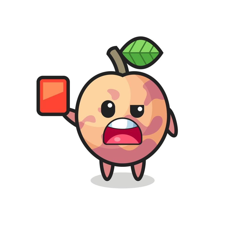 Pluot fruta linda mascota como árbitro dando una tarjeta roja vector