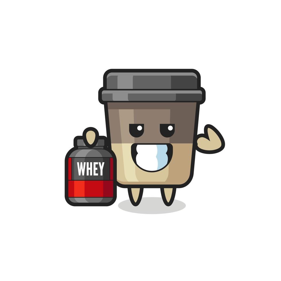 the muscular coffee cup character is holding a protein supplement vector