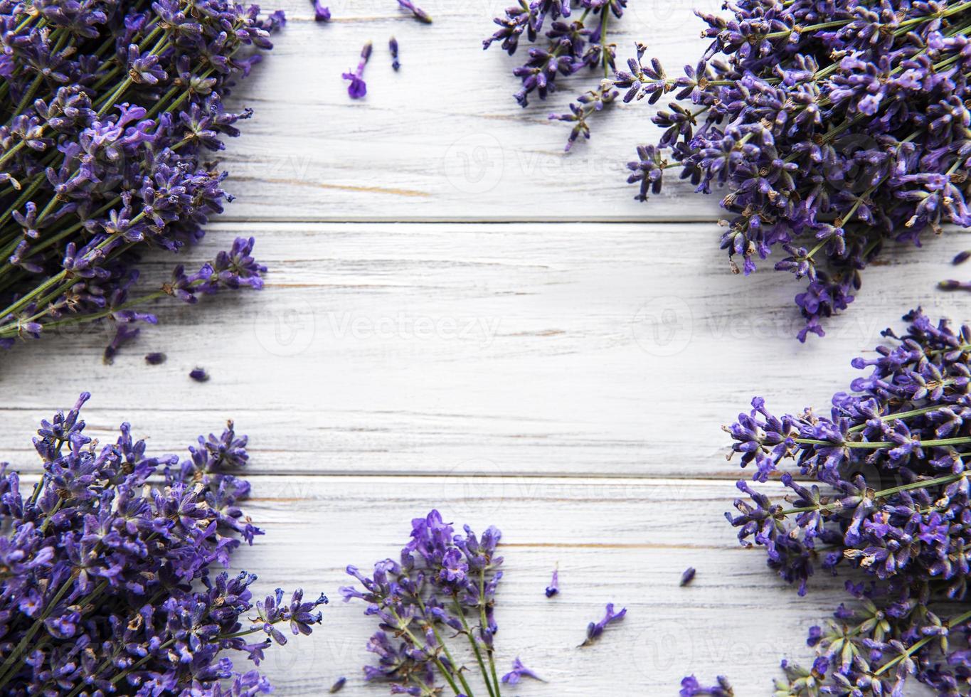 Fresh flowers of lavender bouquet, top view on white wooden background photo