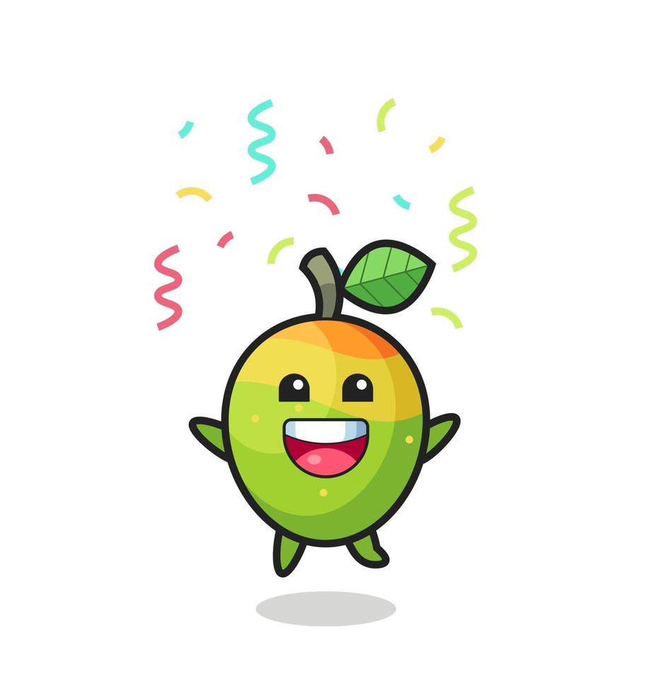 Mascota de mango feliz saltando de felicitación con confeti de colores vector