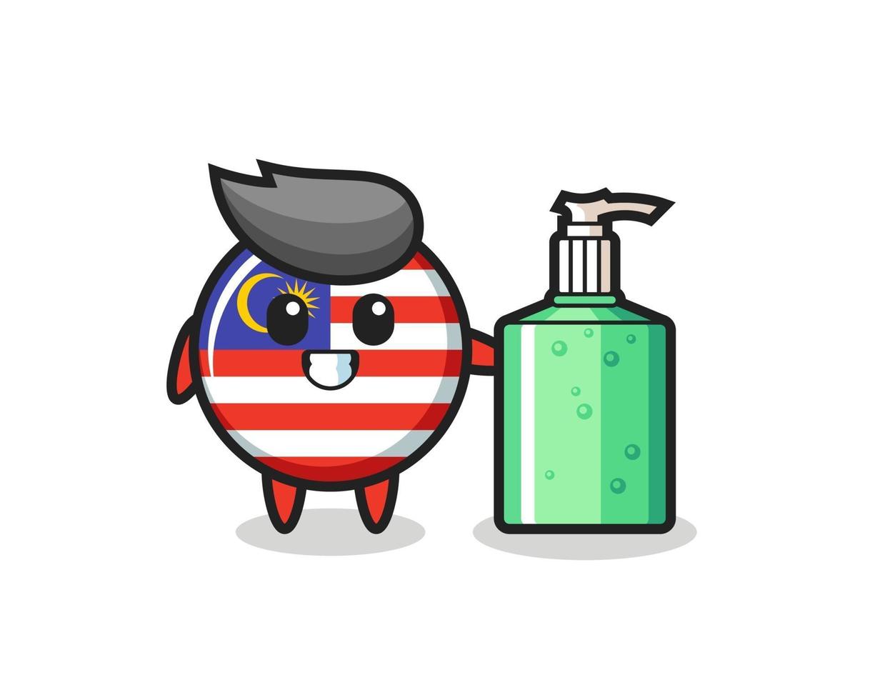 cute malaysia flag badge cartoon with hand sanitizer vector