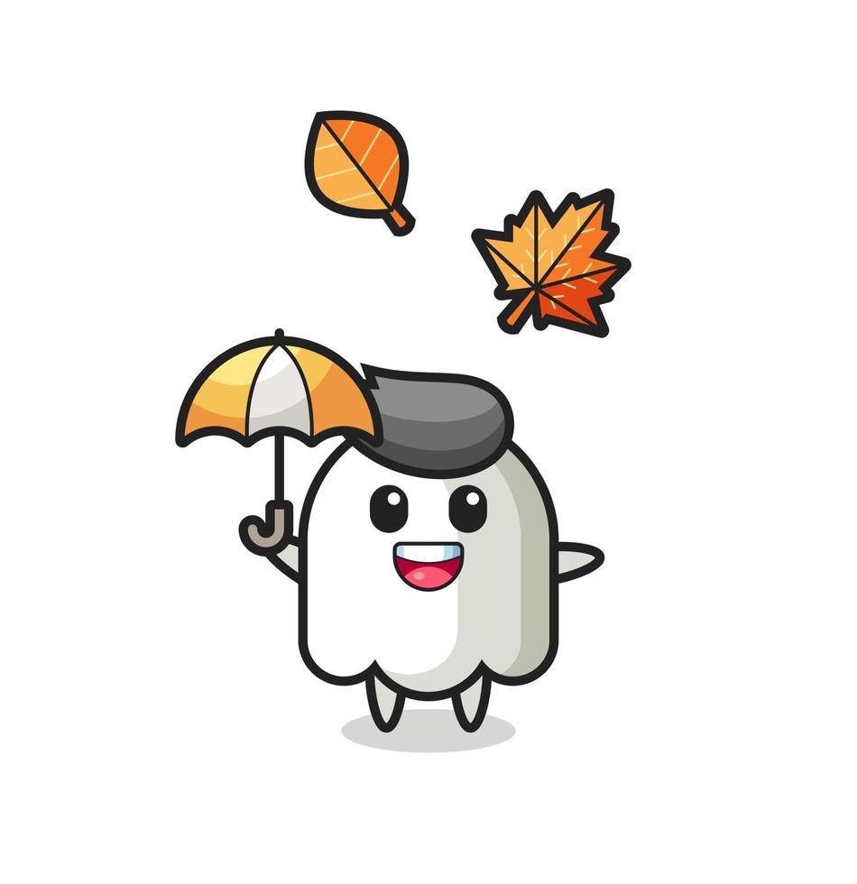 cartoon of the cute ghost holding an umbrella in autumn vector