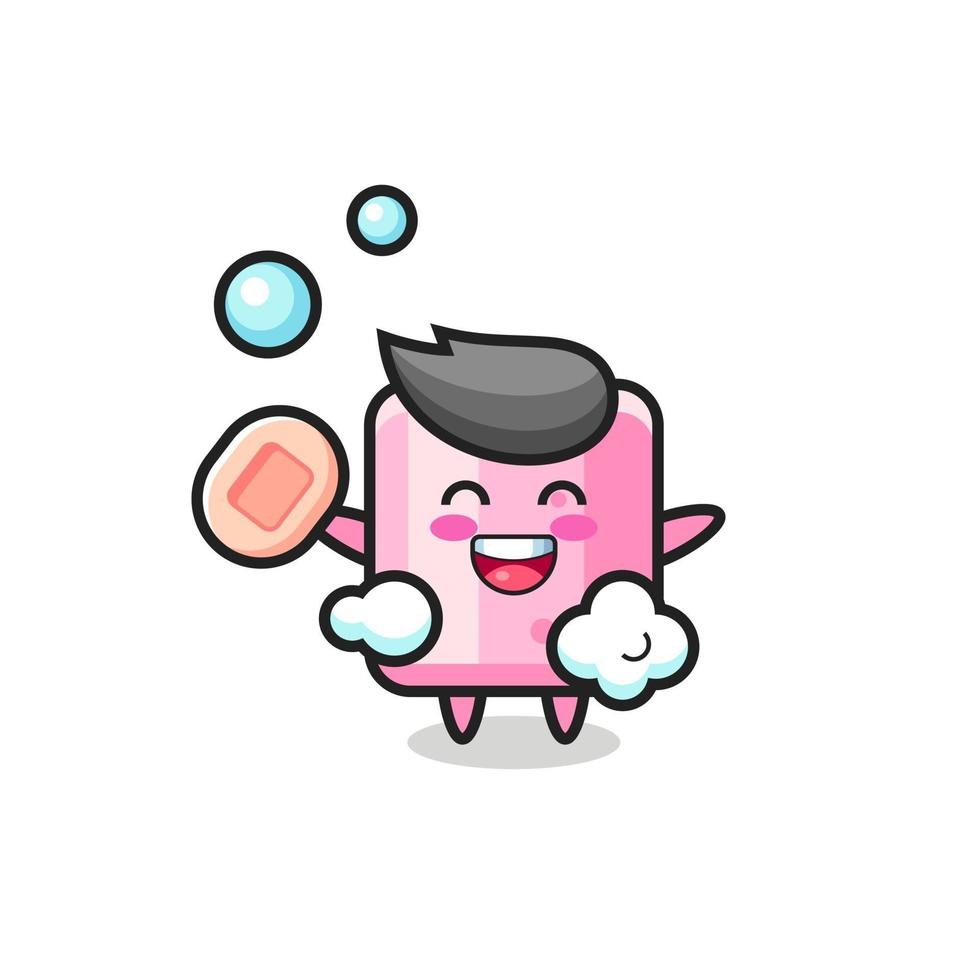 marshmallow character is bathing while holding soap vector