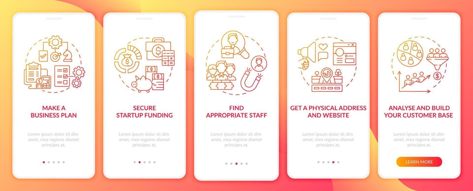 Startup launch steps red onboarding mobile app page screen vector