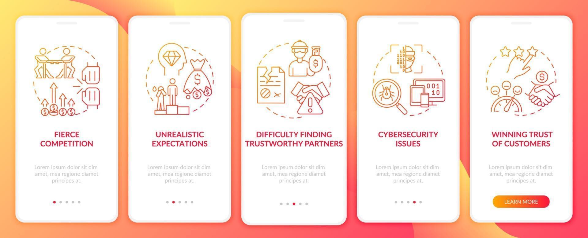 Challenges of launching startup red onboarding mobile app page screen vector