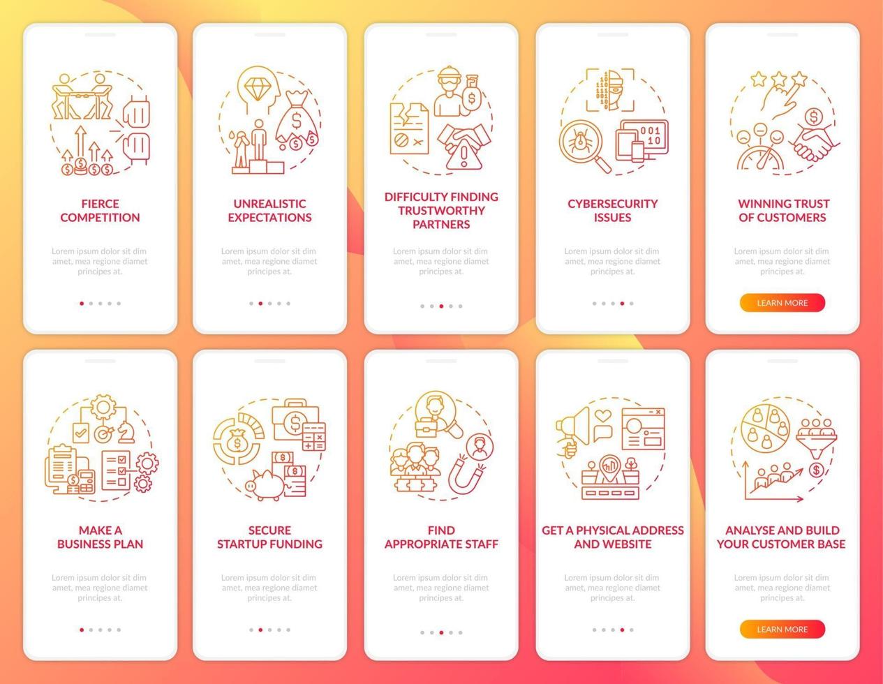 Startup launch red onboarding mobile app page screen set vector