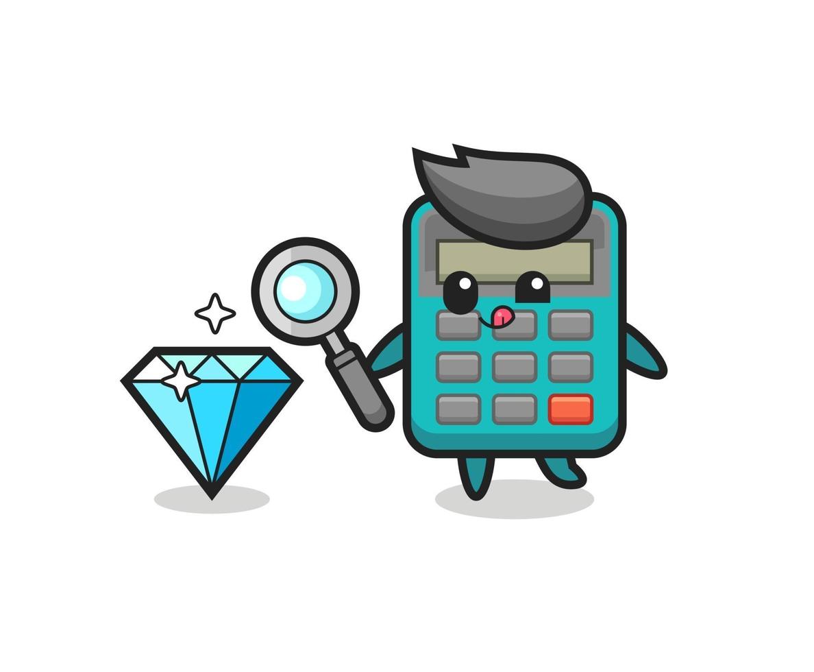 calculator mascot is checking the authenticity of a diamond vector