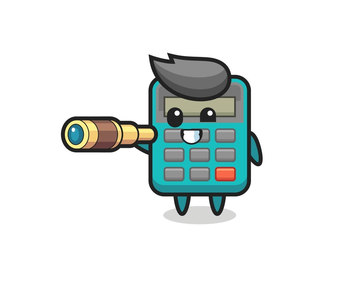 cute calculator character is holding an old telescope vector