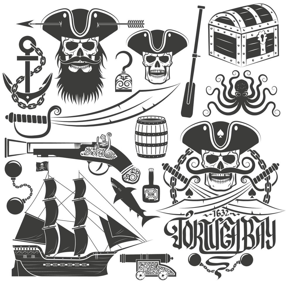 Conjunto de elementos para crear un logotipo o un tatuaje pirata. vector