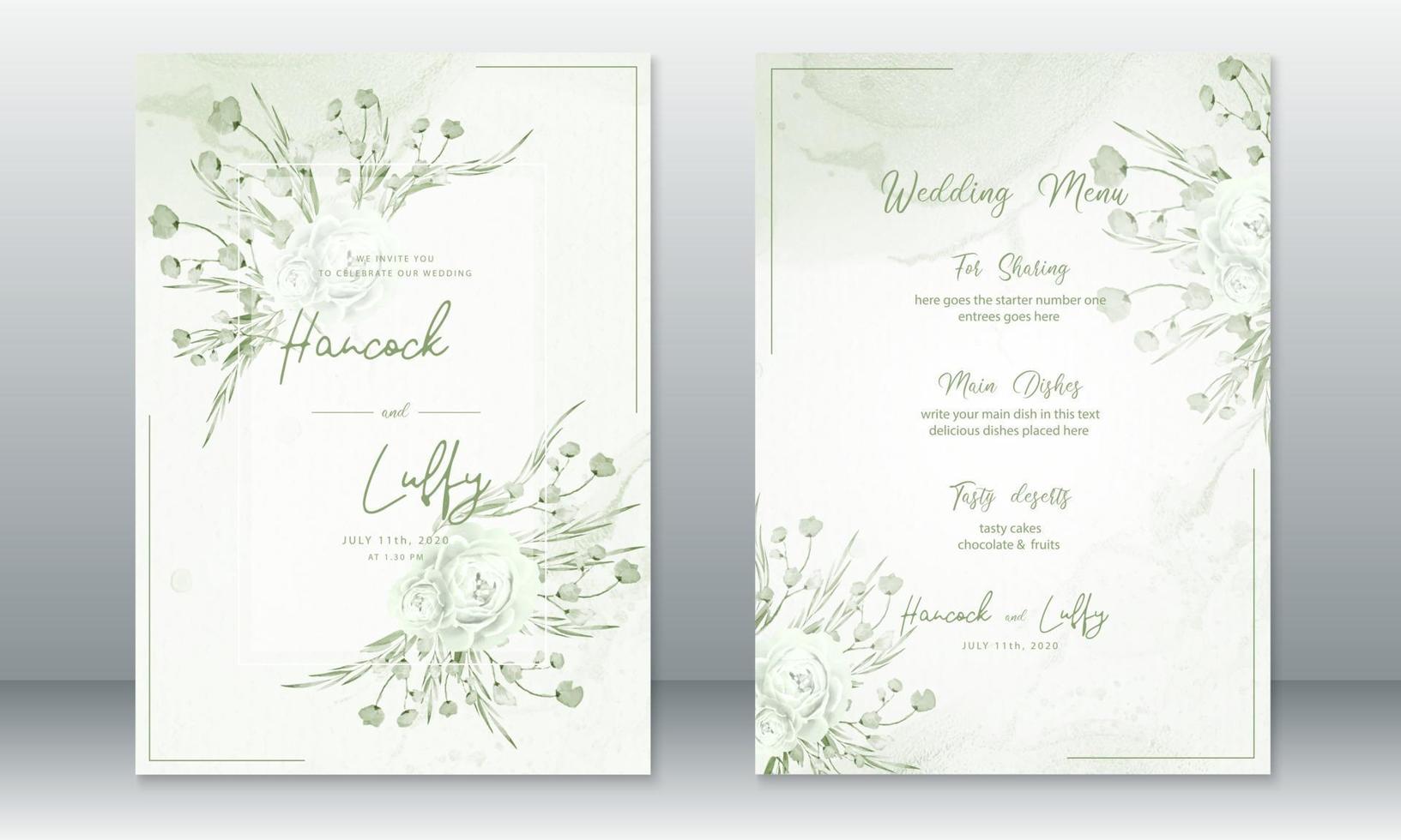 tarjeta de invitación de boda con ramo de rosas y fondo verde vector