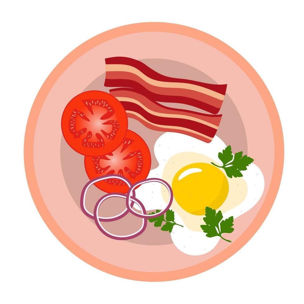 Scrambled eggs with bacon, tomatoes, parsley and onions in a plate. vector