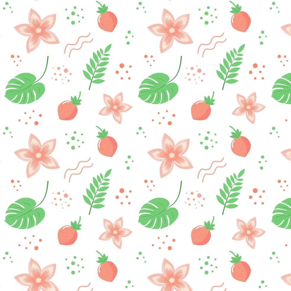 Seamless pattern with strawberries, leaves and tropical flowers. vector