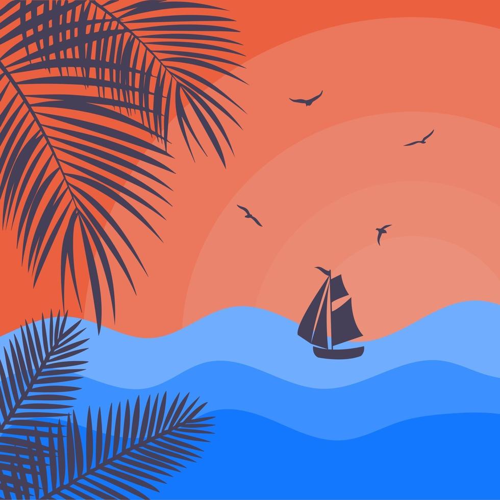 Sea sunset with boat silhouette and palm branches. vector