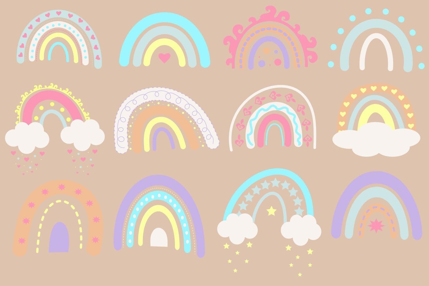 Set of cute sweet boho rainbows. vector