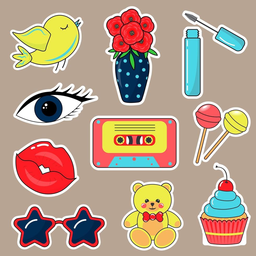 Bright stickers set in 80s-90s pop art comic style. vector