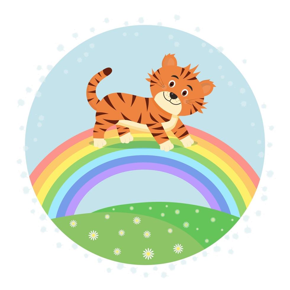 Childish cards or posters with a cute tiger walking on the rainbow. vector