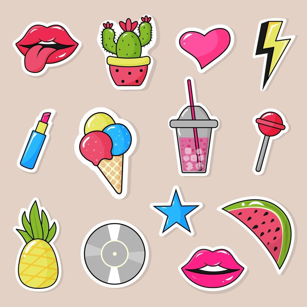 Set of stickers, pins, patches in cartoon 80s-90s pop-art style. vector