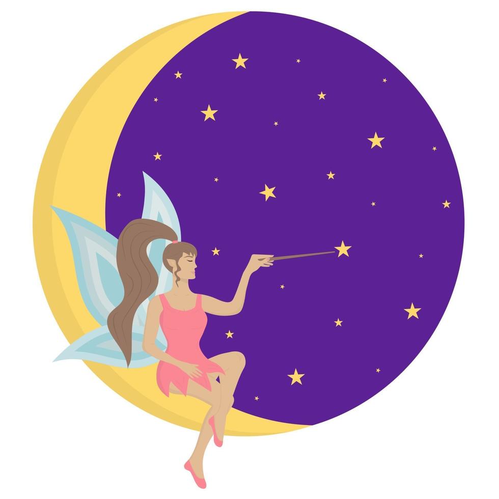 Fairy sitting on the moon with a magic wand. vector