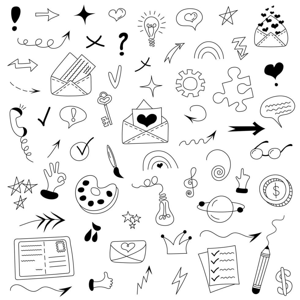 Set of different doodle elements such as envelopes, bulbs, arrows vector