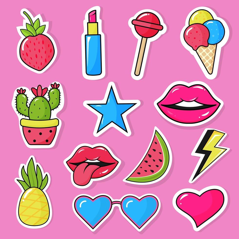 Trendy color patches, stickers and pins in style of 90s. vector