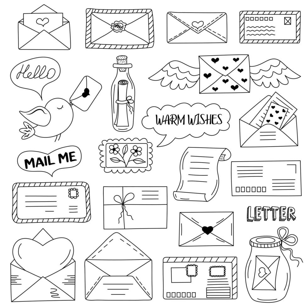 mensajes, sobres, cartas en estilo doodle. concepto de comunicación. vector