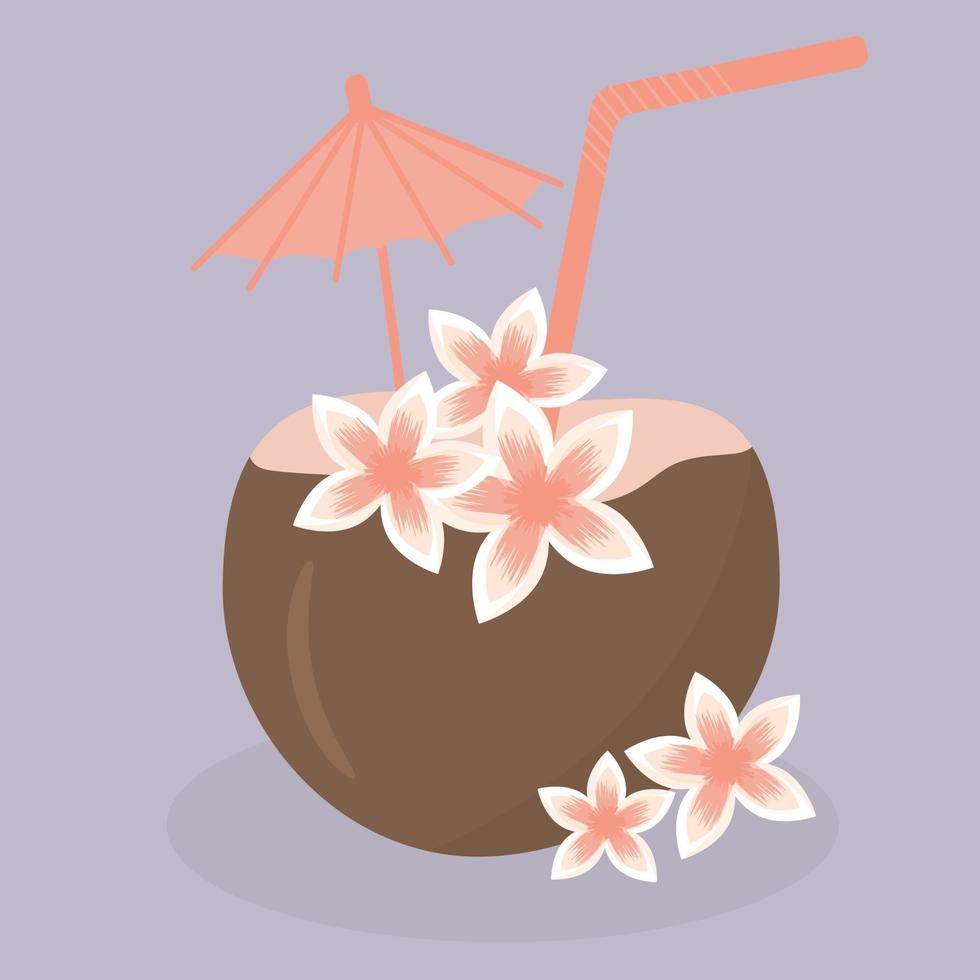 Cóctel de coco exótico decorado con sombrilla, paja y flores. vector
