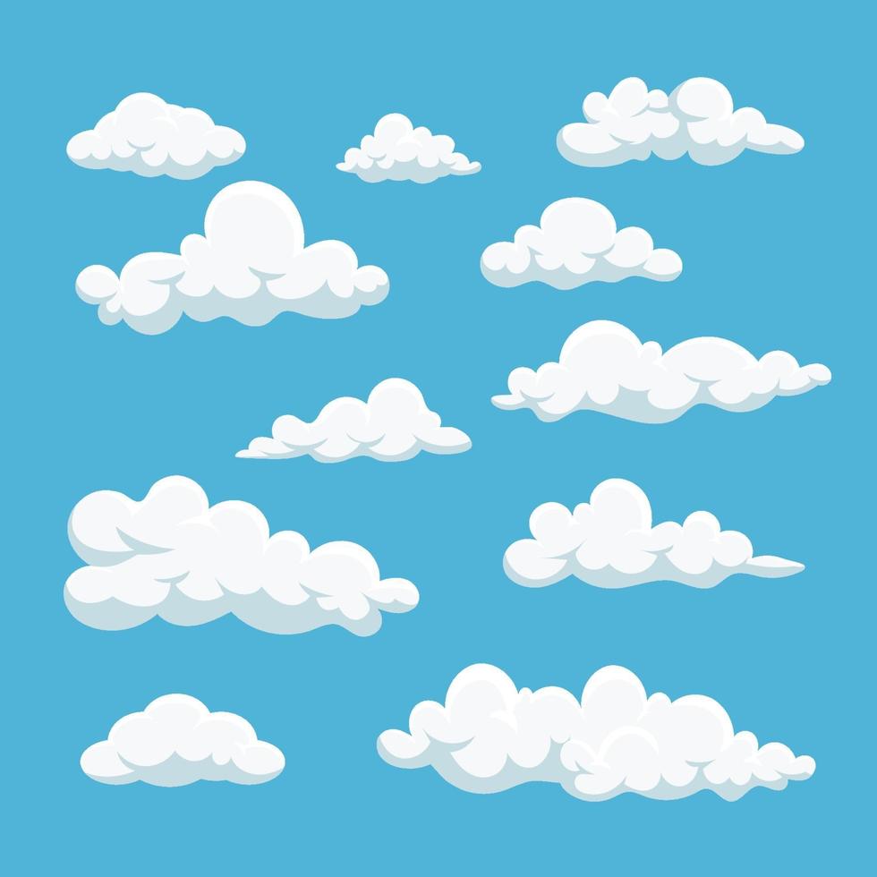 Conjunto de iconos de nubes blancas de dibujos animados aislado sobre fondo azul vector