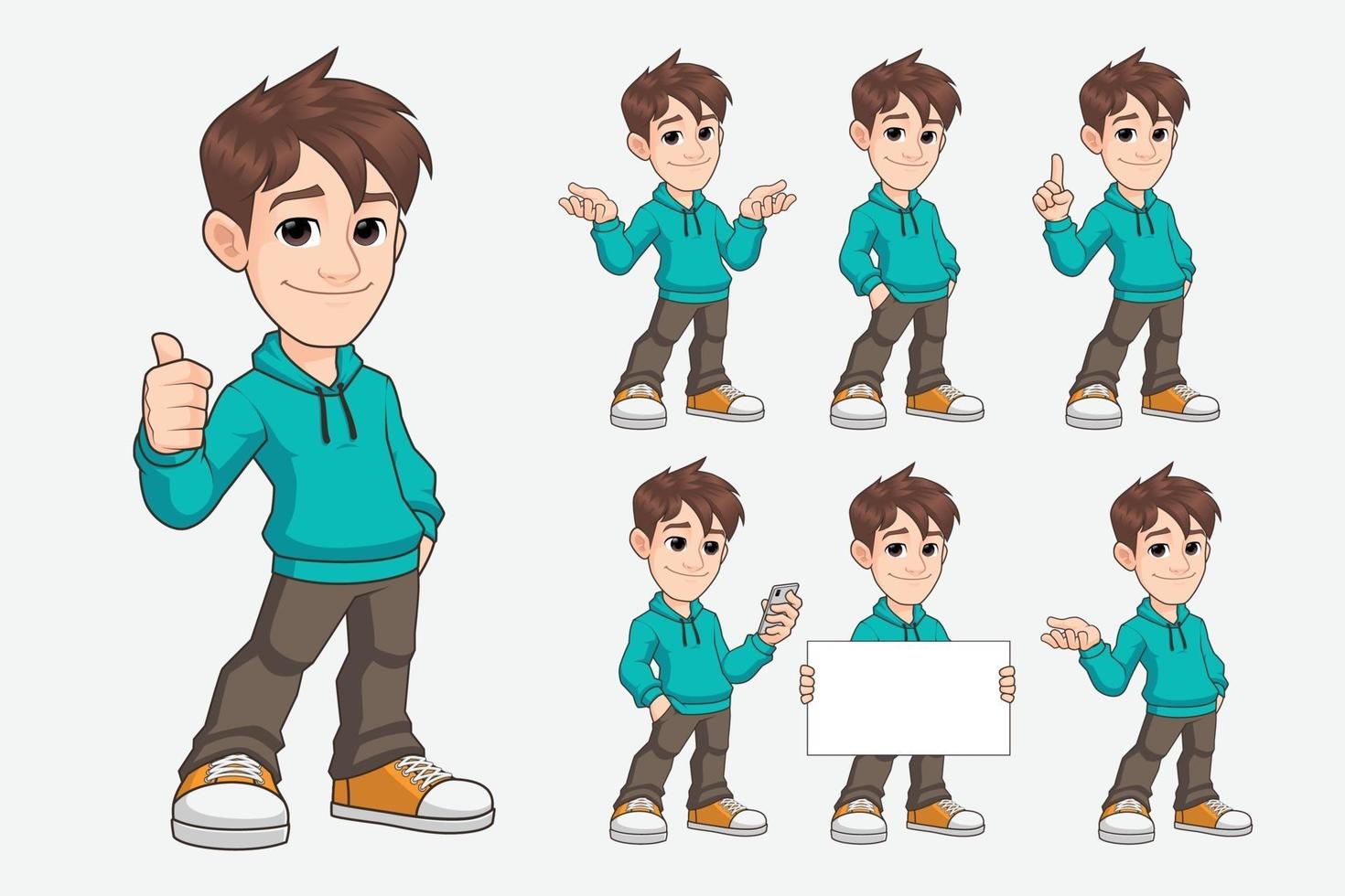 set of young man cartoon mascot character in casual clothes 3398726