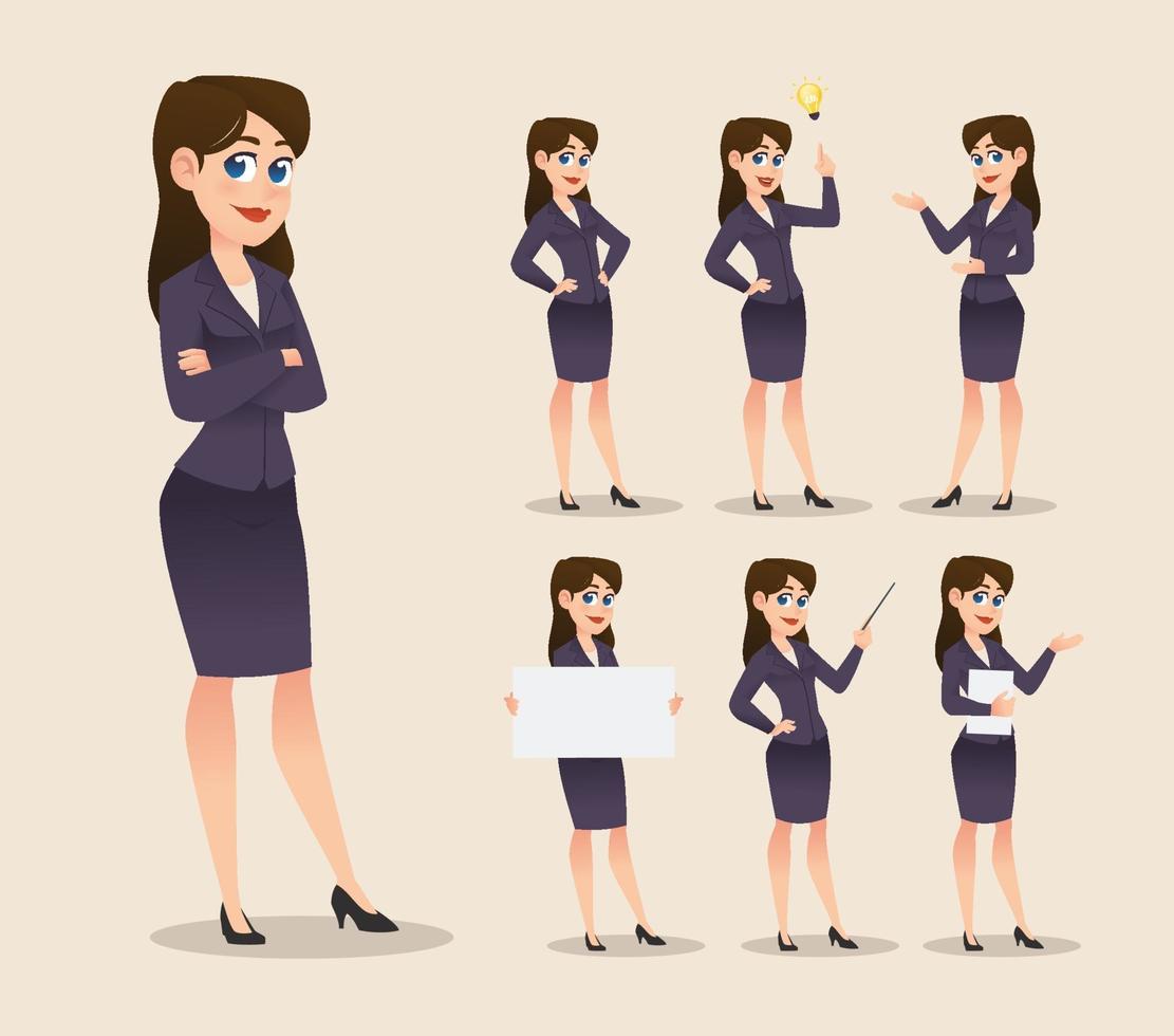 set of young businesswoman cartoon mascot character in black suit vector
