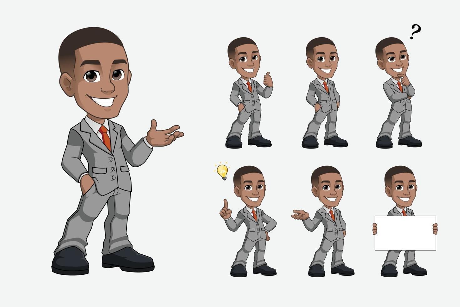 set of black young businessman cartoon mascot character in grey suit vector