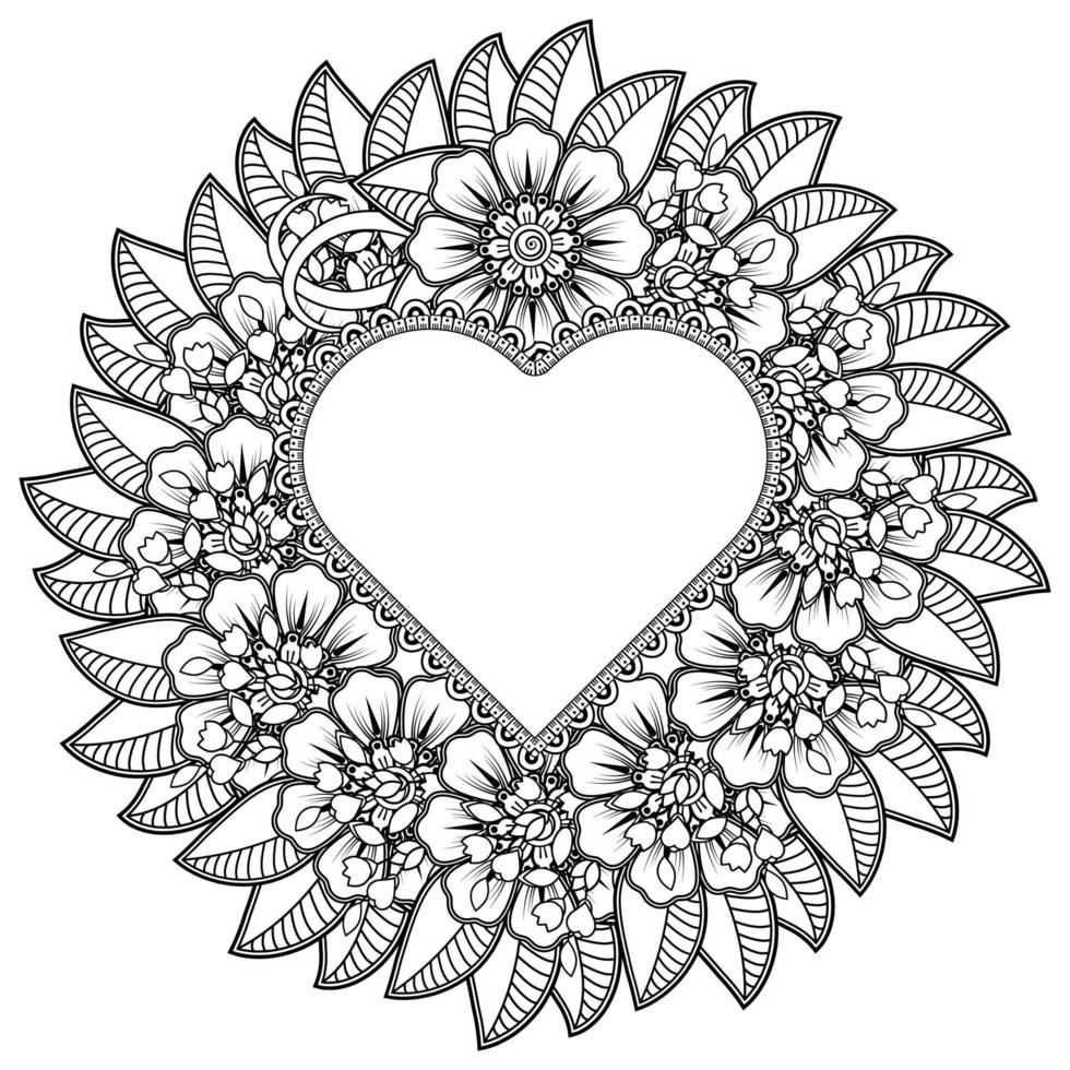 mehndi flower with frame in shape of heart. vector