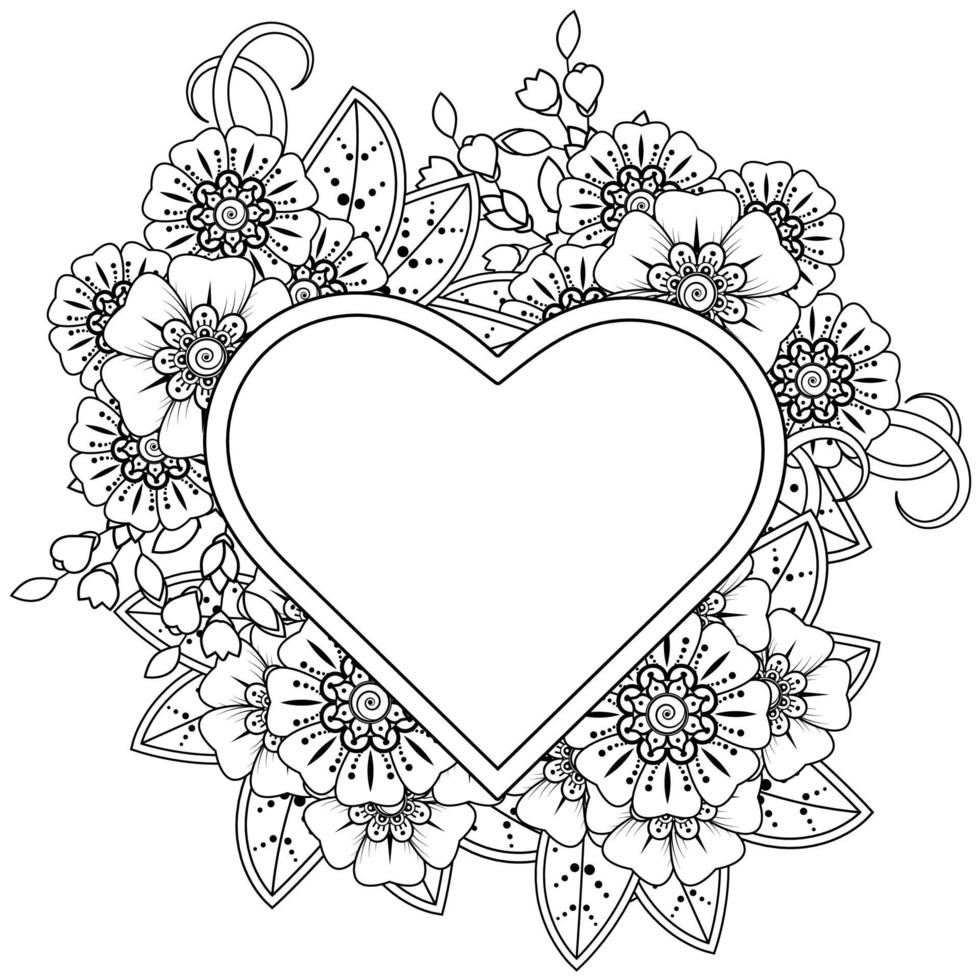 mehndi flower with frame in shape of heart vector