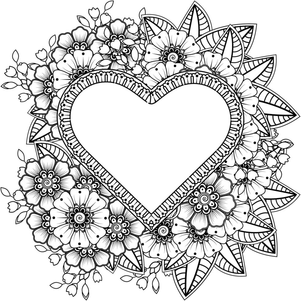 mehndi flower with frame in shape of heart vector