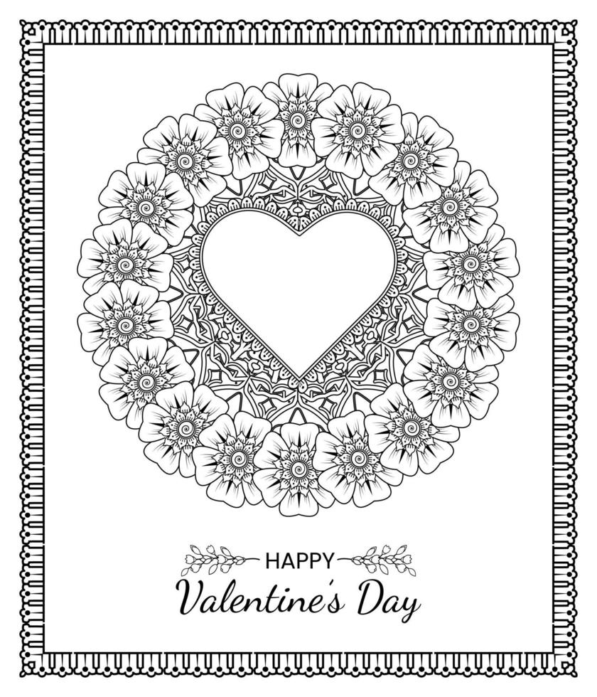 mehndi flower with frame in shape of heart. vector