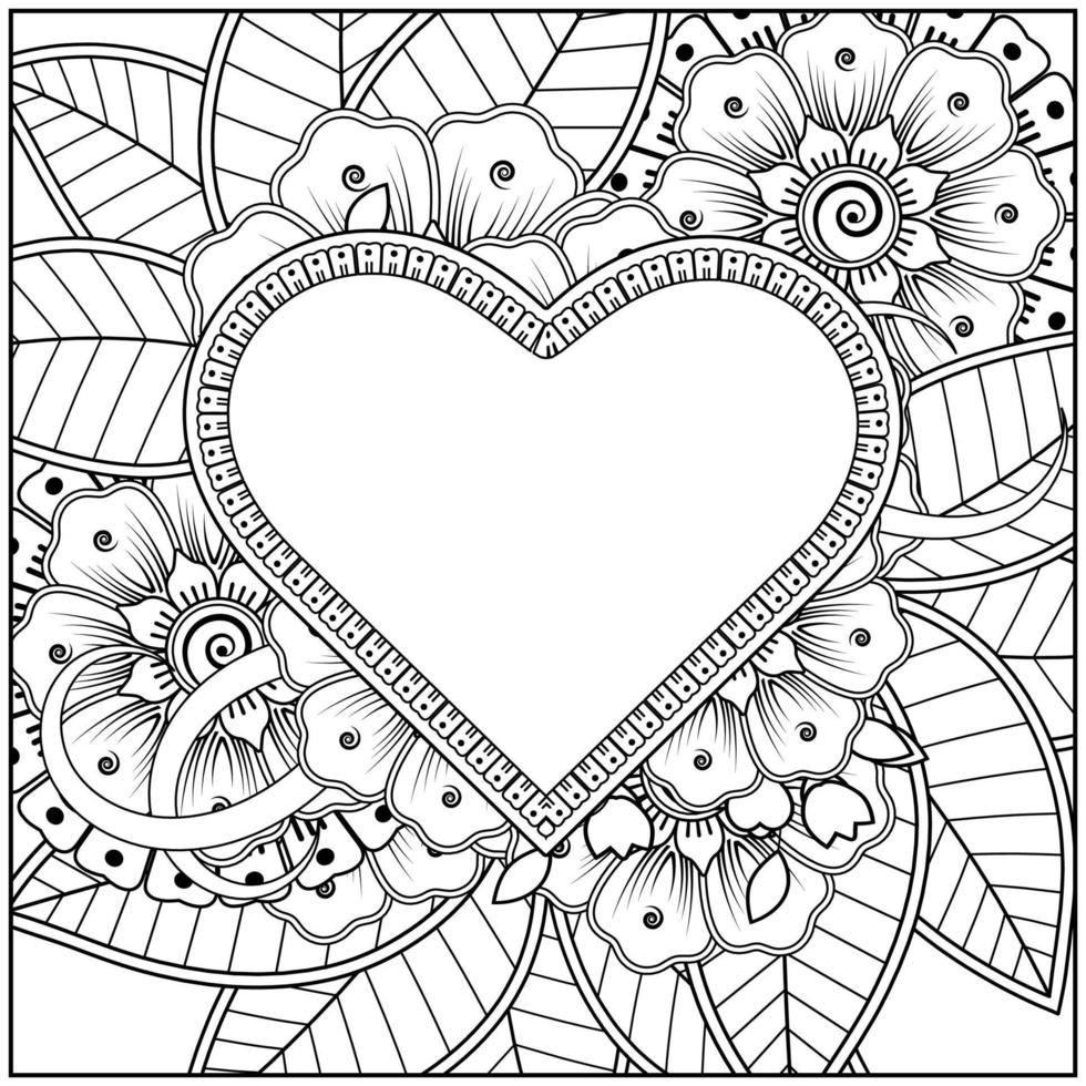 mehndi flower with frame in shape of heart. vector