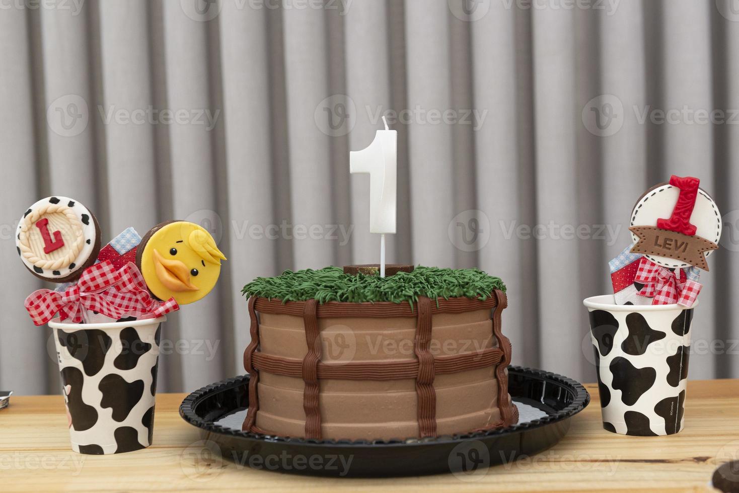 One-year white candle on cake decorated in country theme photo