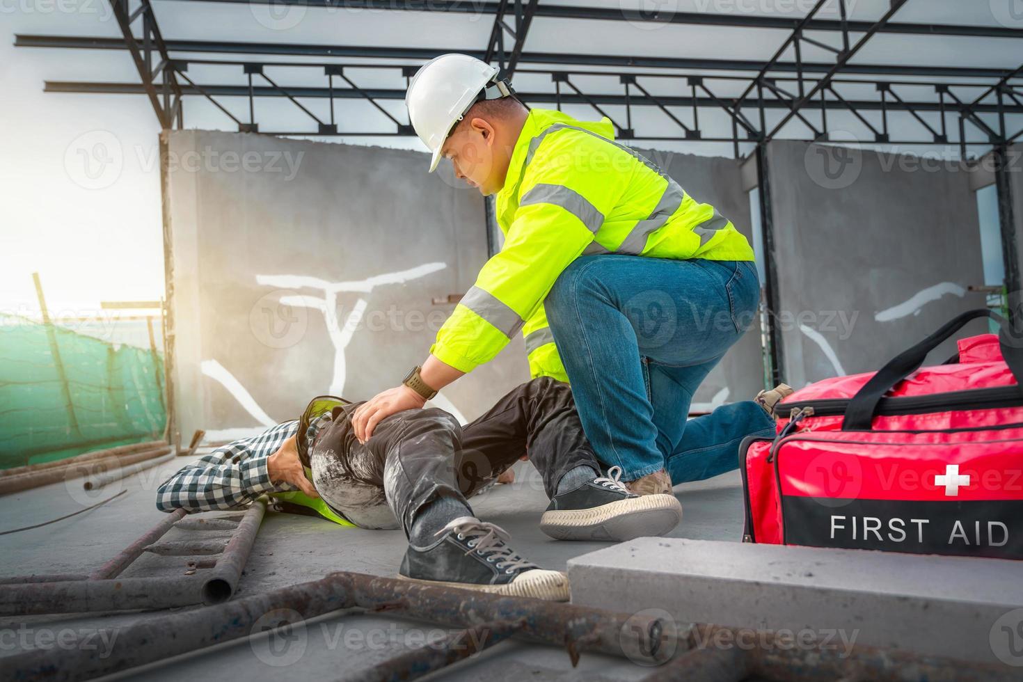 Accident at construction site. Physical injury at work. photo