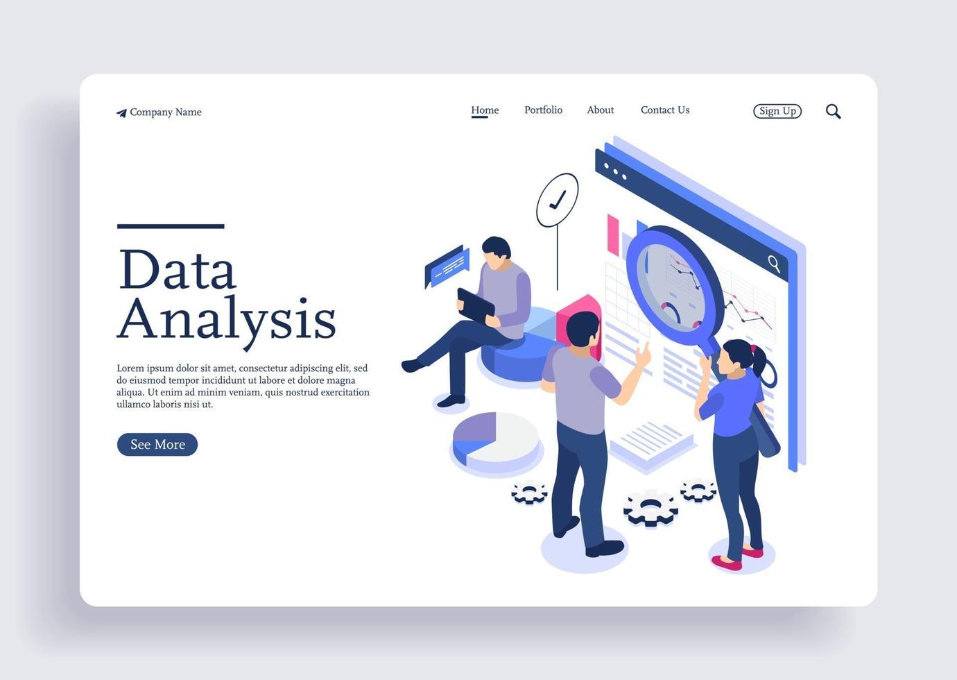 concepto isométrico de diseño plano moderno de análisis de datos para sitio web vector