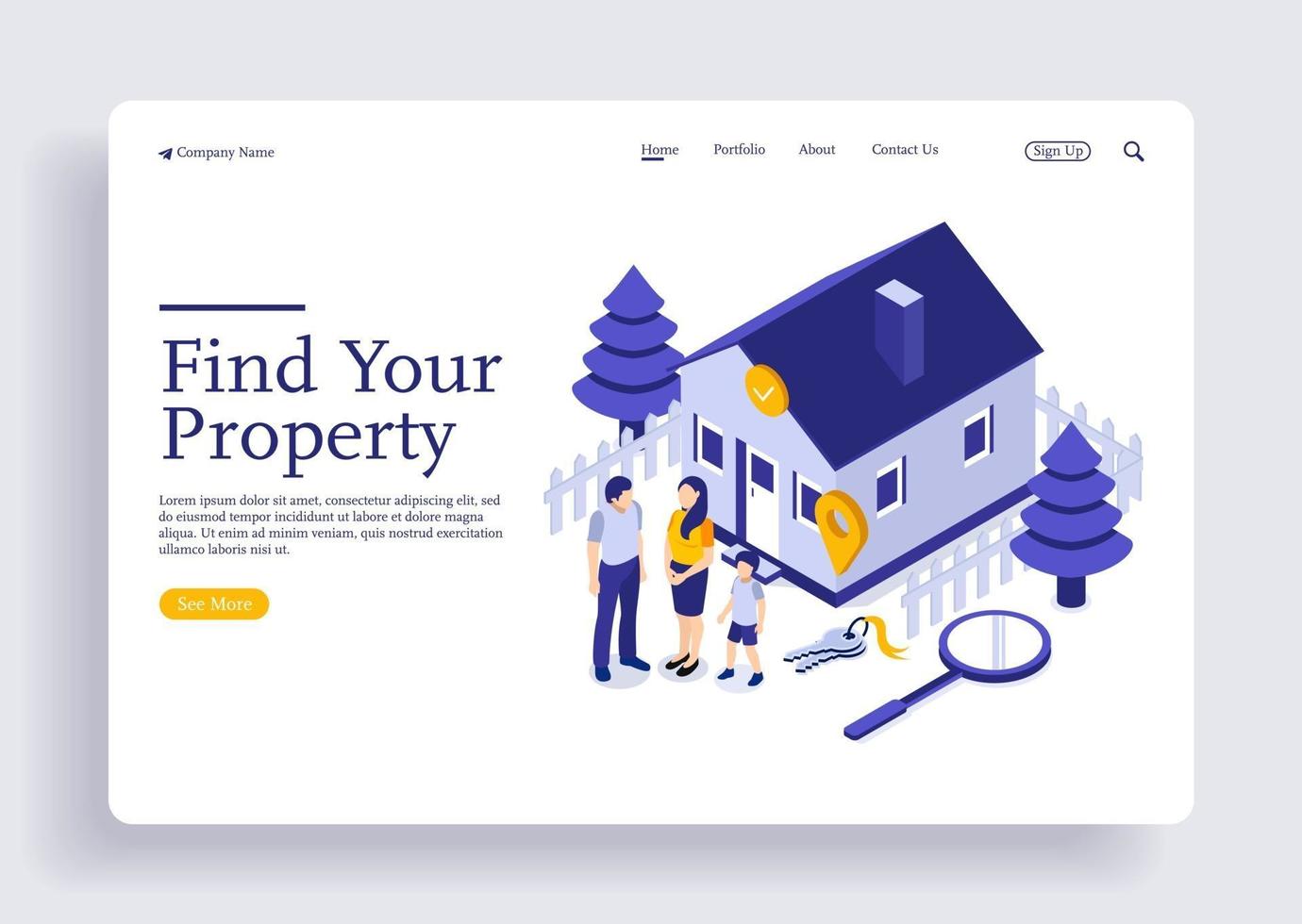 Landing page template with family standing at house isometric concept vector