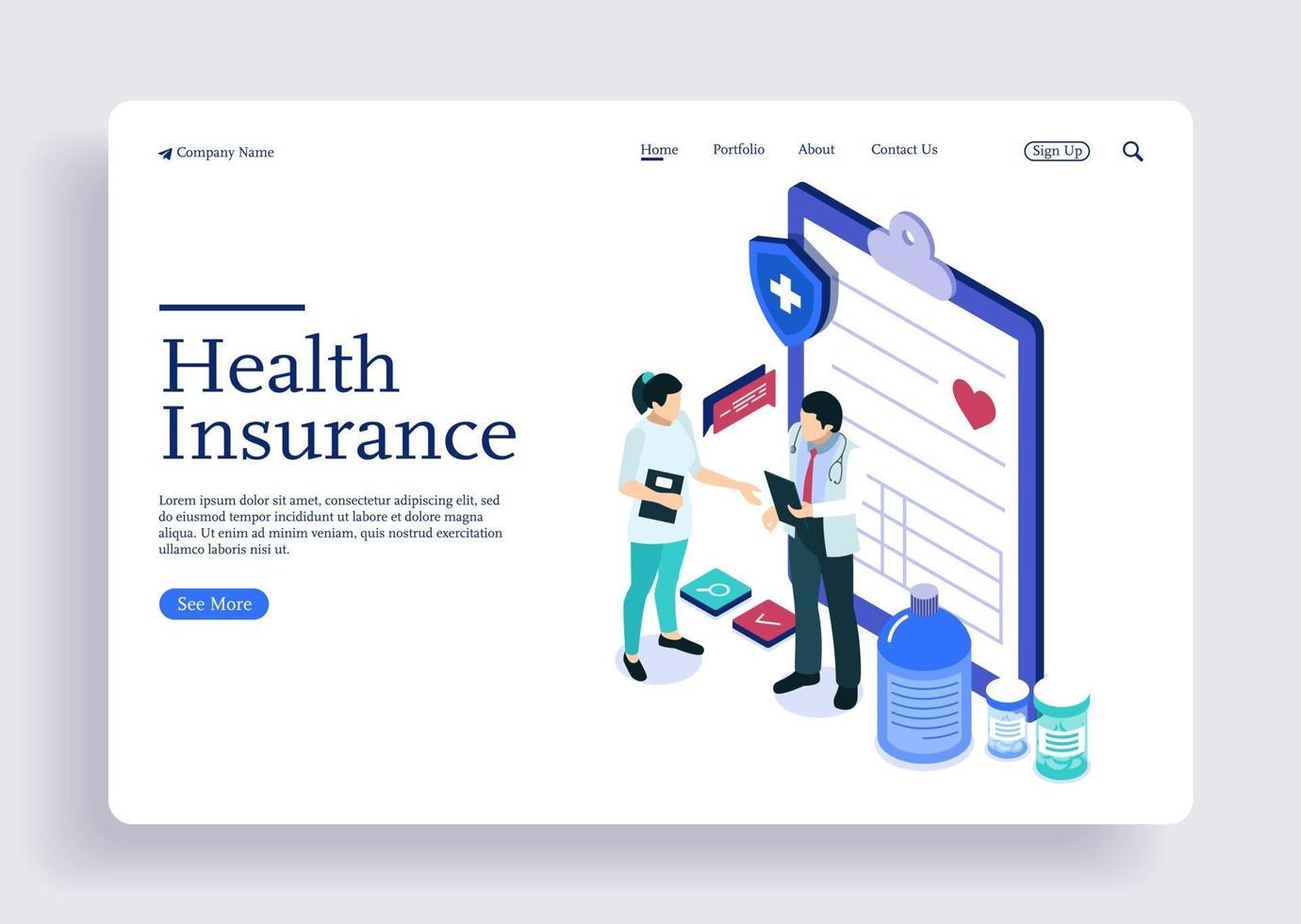 Isometric concept doctor and nurse discussing about health insurance vector